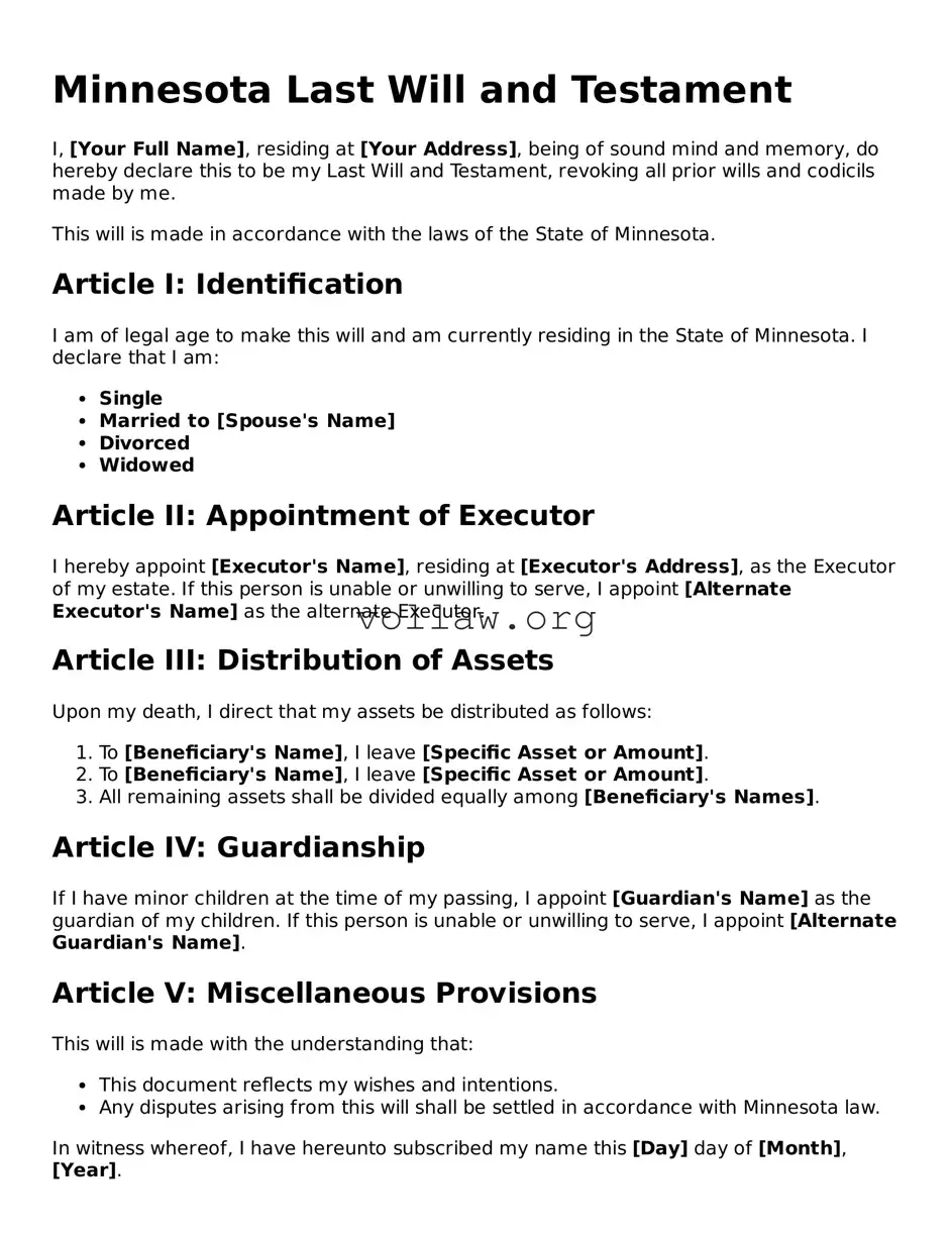Attorney-Verified  Last Will and Testament Form for Minnesota