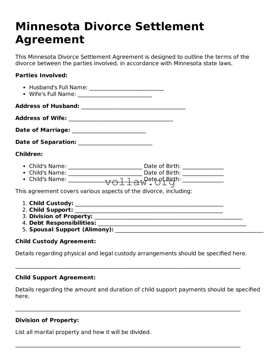 Attorney-Verified  Divorce Settlement Agreement Form for Minnesota