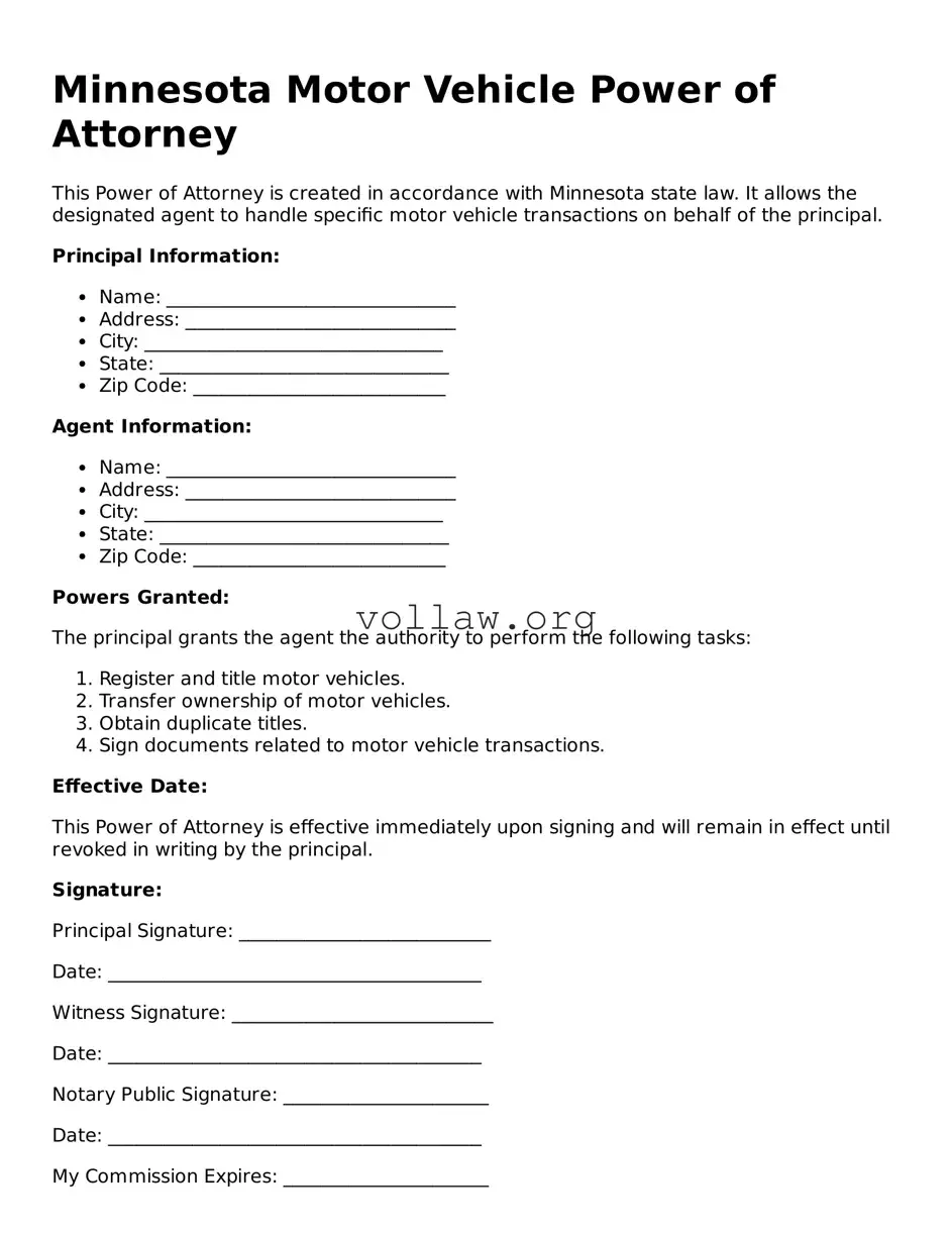Attorney-Verified  Motor Vehicle Power of Attorney Form for Minnesota
