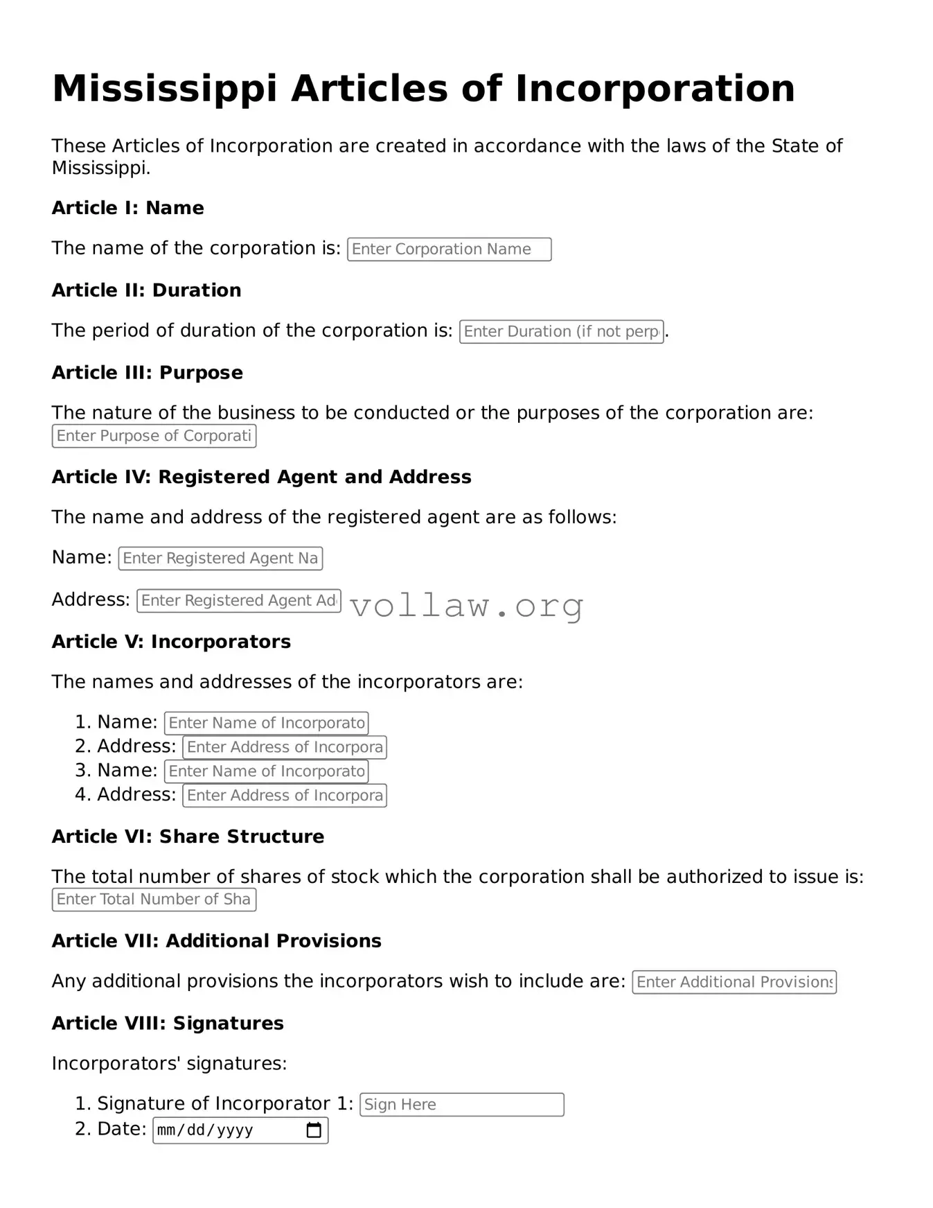 Attorney-Verified  Articles of Incorporation Form for Mississippi