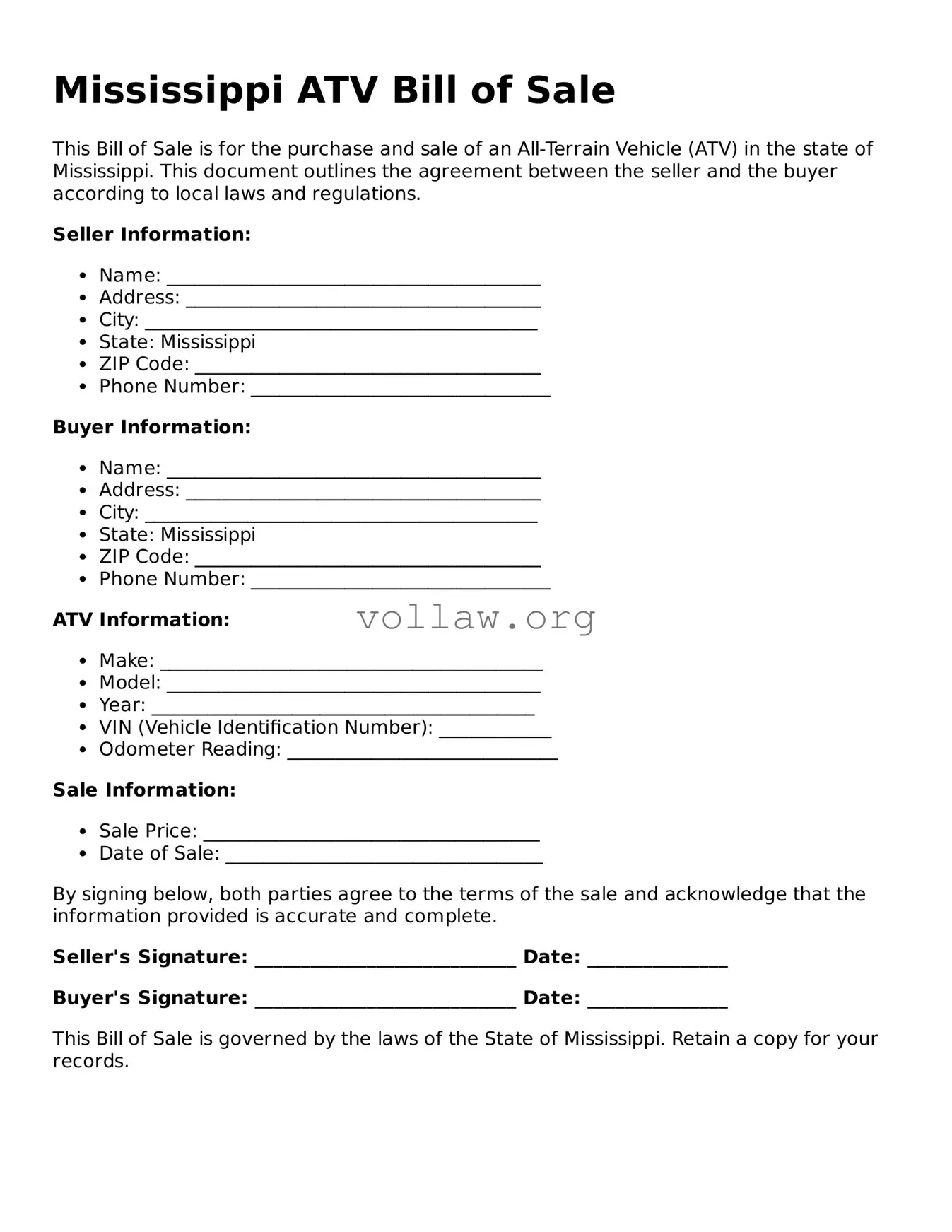 Attorney-Verified  ATV Bill of Sale Form for Mississippi