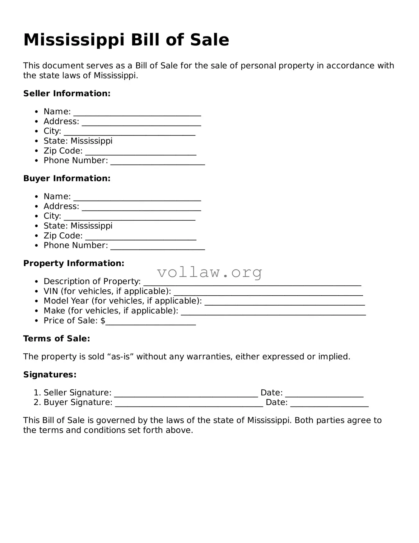 Attorney-Verified  Bill of Sale Form for Mississippi