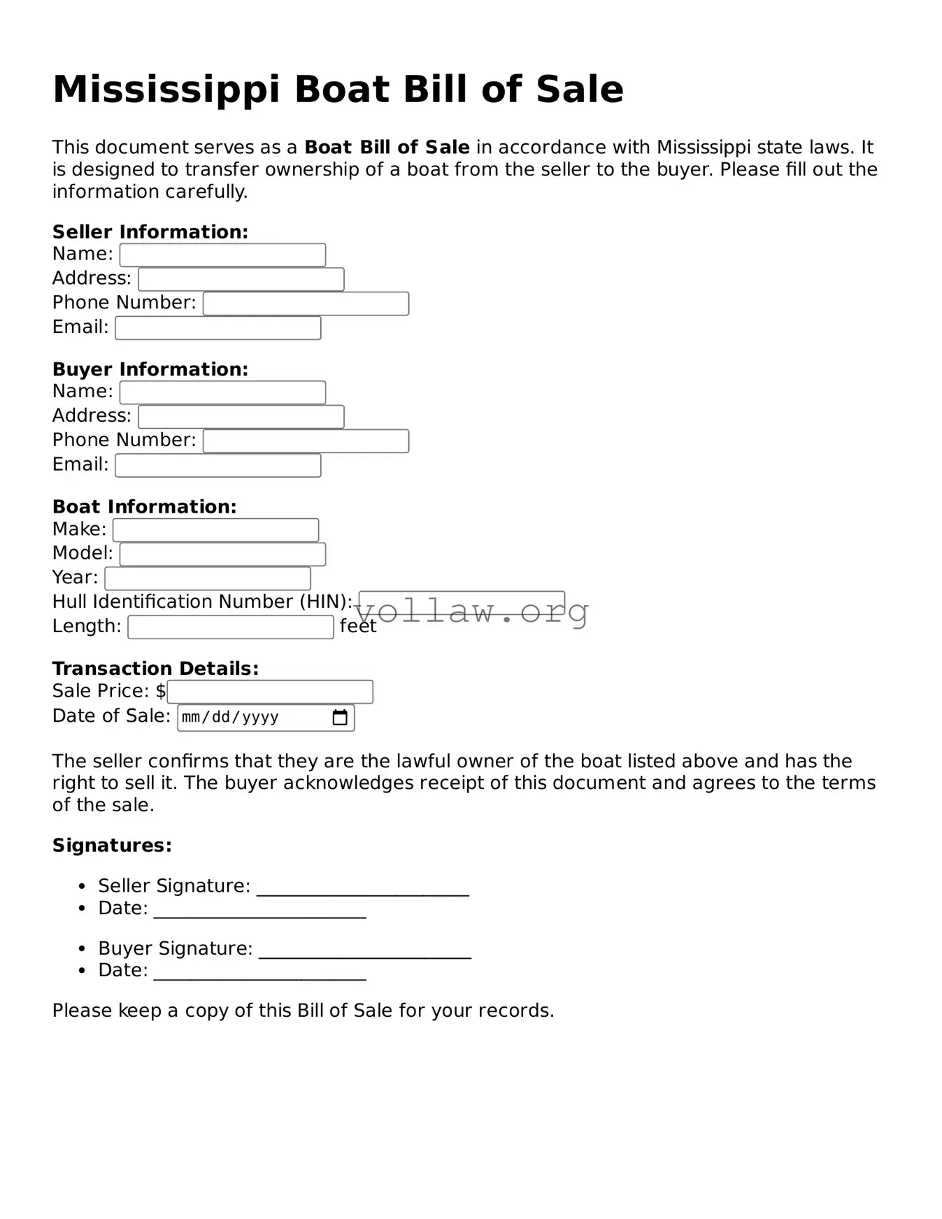 Attorney-Verified  Boat Bill of Sale Form for Mississippi