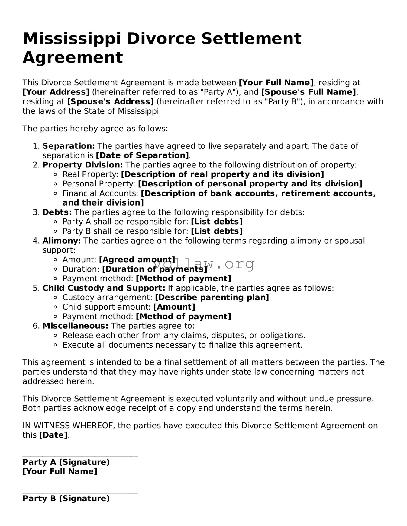 Attorney-Verified  Divorce Settlement Agreement Form for Mississippi