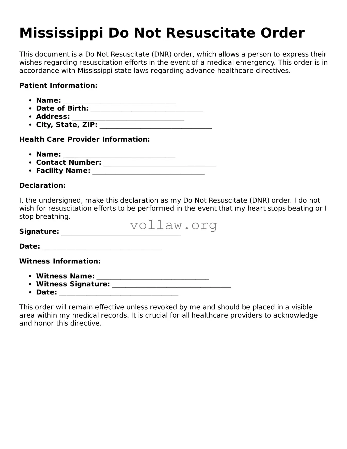 Attorney-Verified  Do Not Resuscitate Order Form for Mississippi