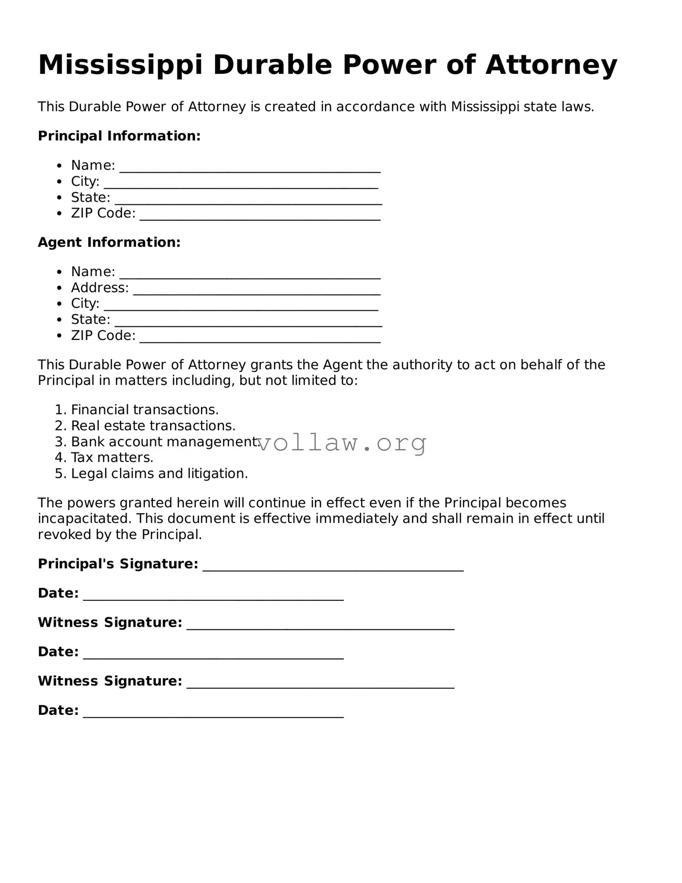 Attorney-Verified  Durable Power of Attorney Form for Mississippi