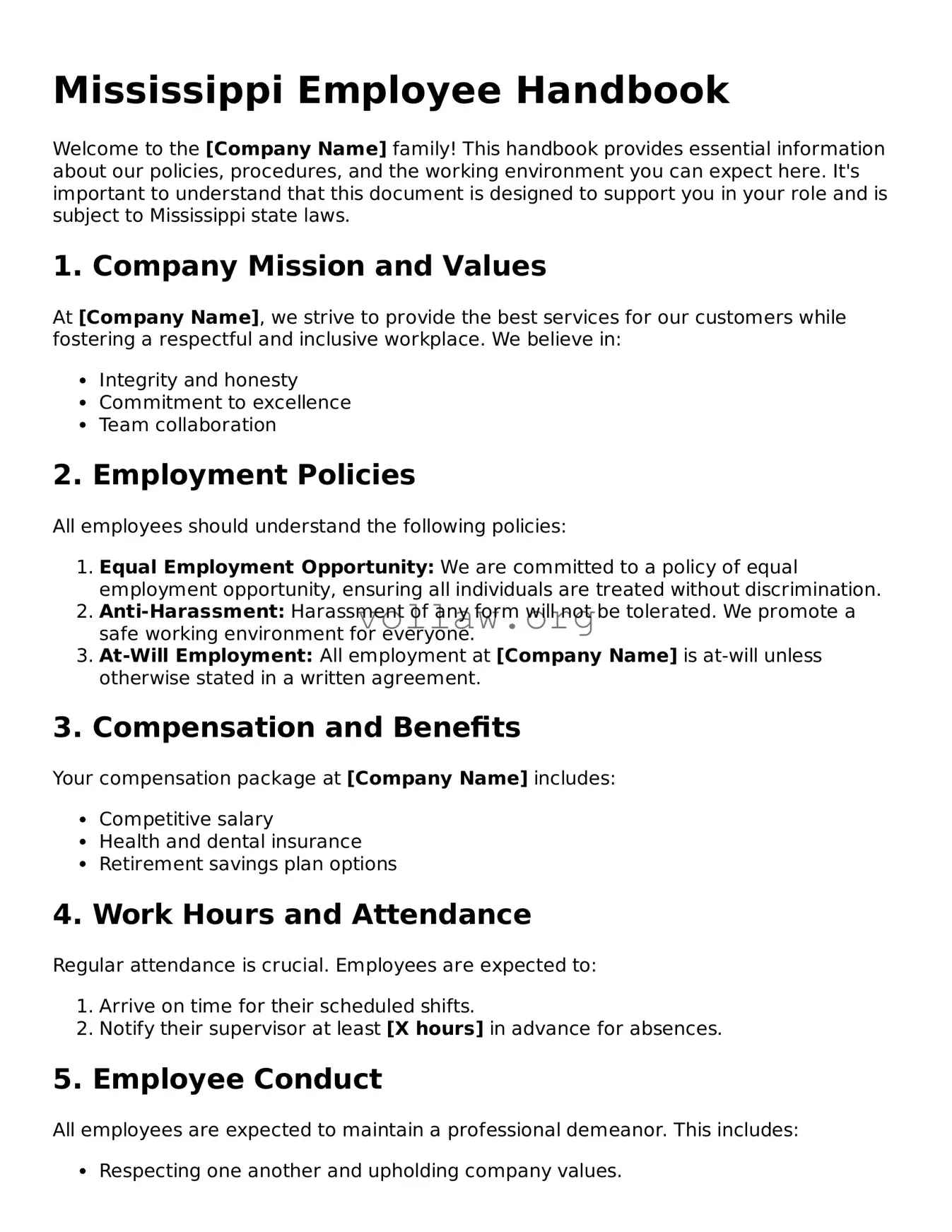 Attorney-Verified  Employee Handbook Form for Mississippi