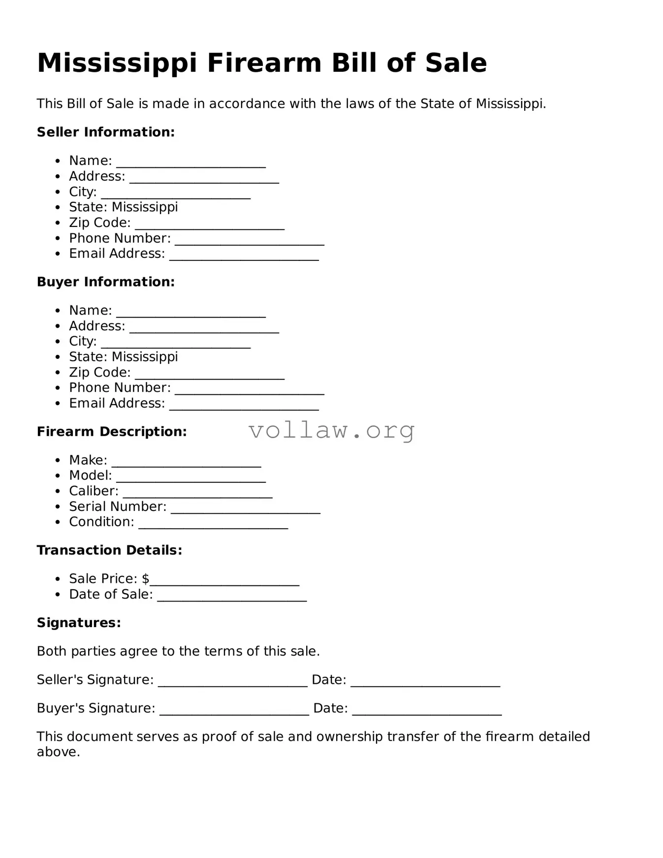 Attorney-Verified  Firearm Bill of Sale Form for Mississippi