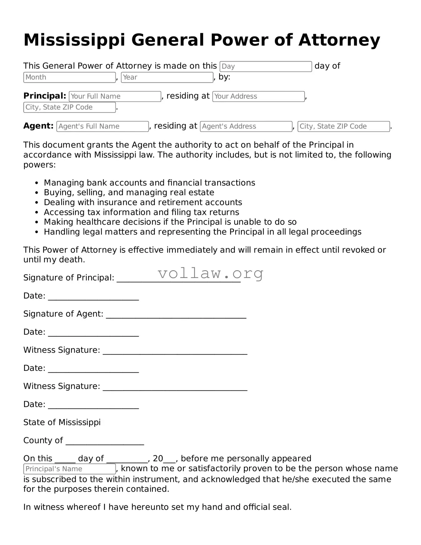 Attorney-Verified  General Power of Attorney Form for Mississippi