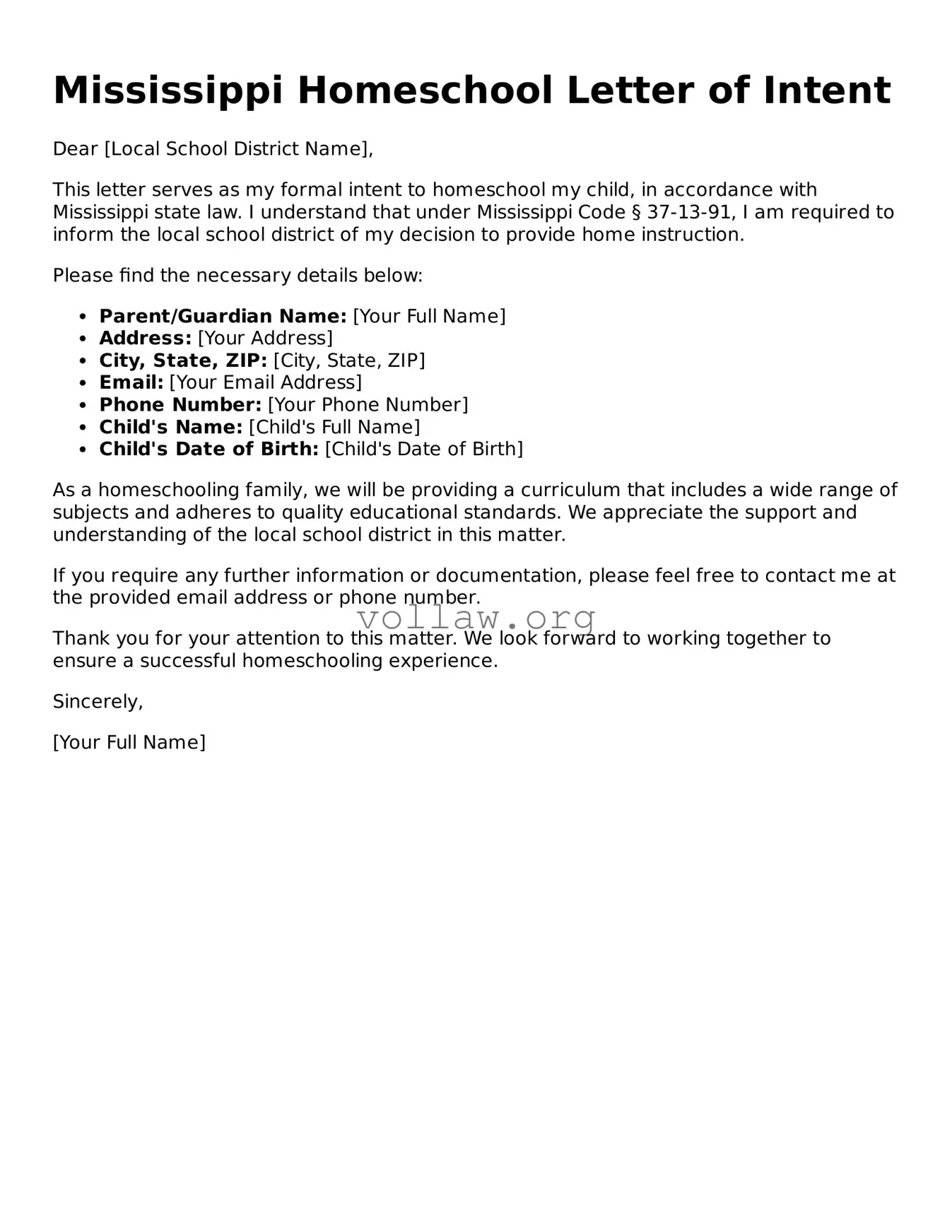 Attorney-Verified  Homeschool Letter of Intent Form for Mississippi