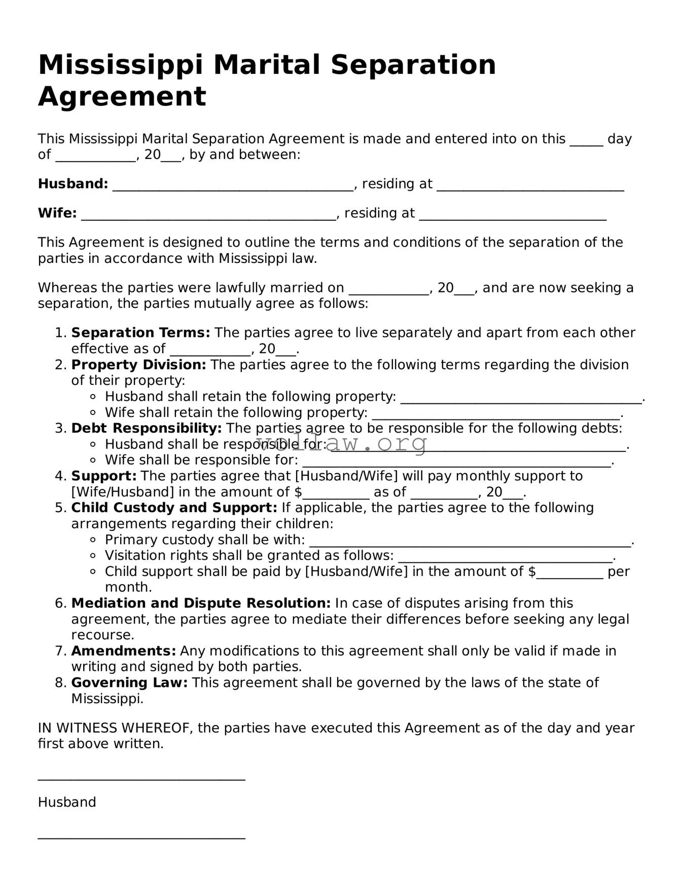 Attorney-Verified  Marital Separation Agreement Form for Mississippi