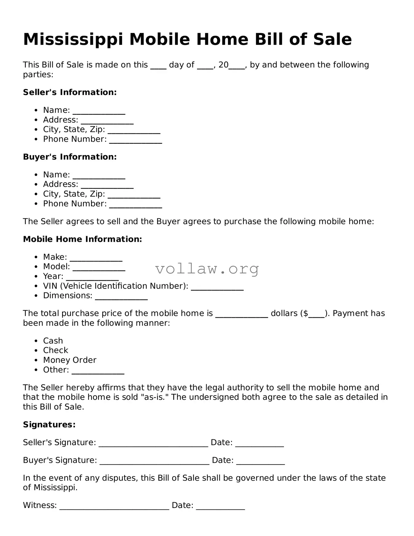 Attorney-Verified  Mobile Home Bill of Sale Form for Mississippi