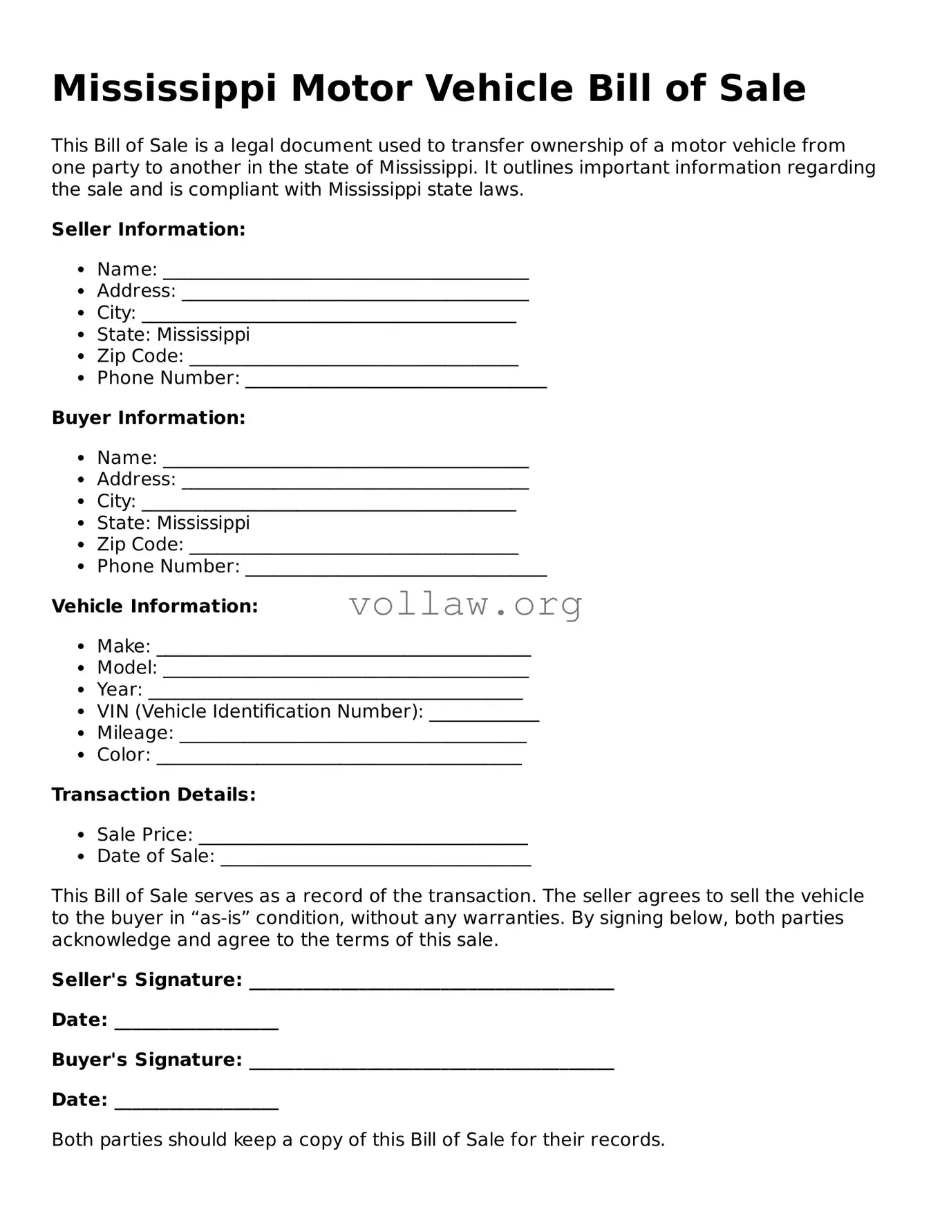 Attorney-Verified  Motor Vehicle Bill of Sale Form for Mississippi