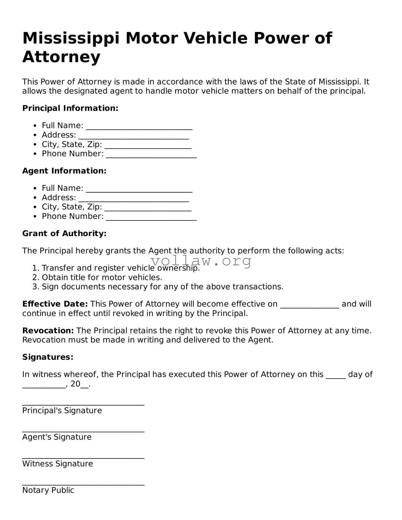 Attorney-Verified  Motor Vehicle Power of Attorney Form for Mississippi
