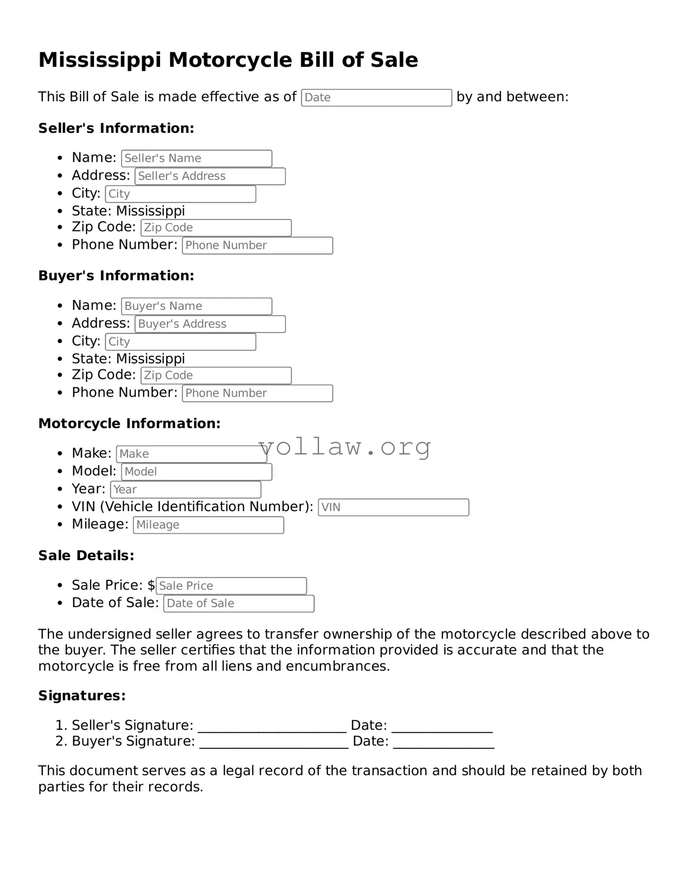 Attorney-Verified  Motorcycle Bill of Sale Form for Mississippi