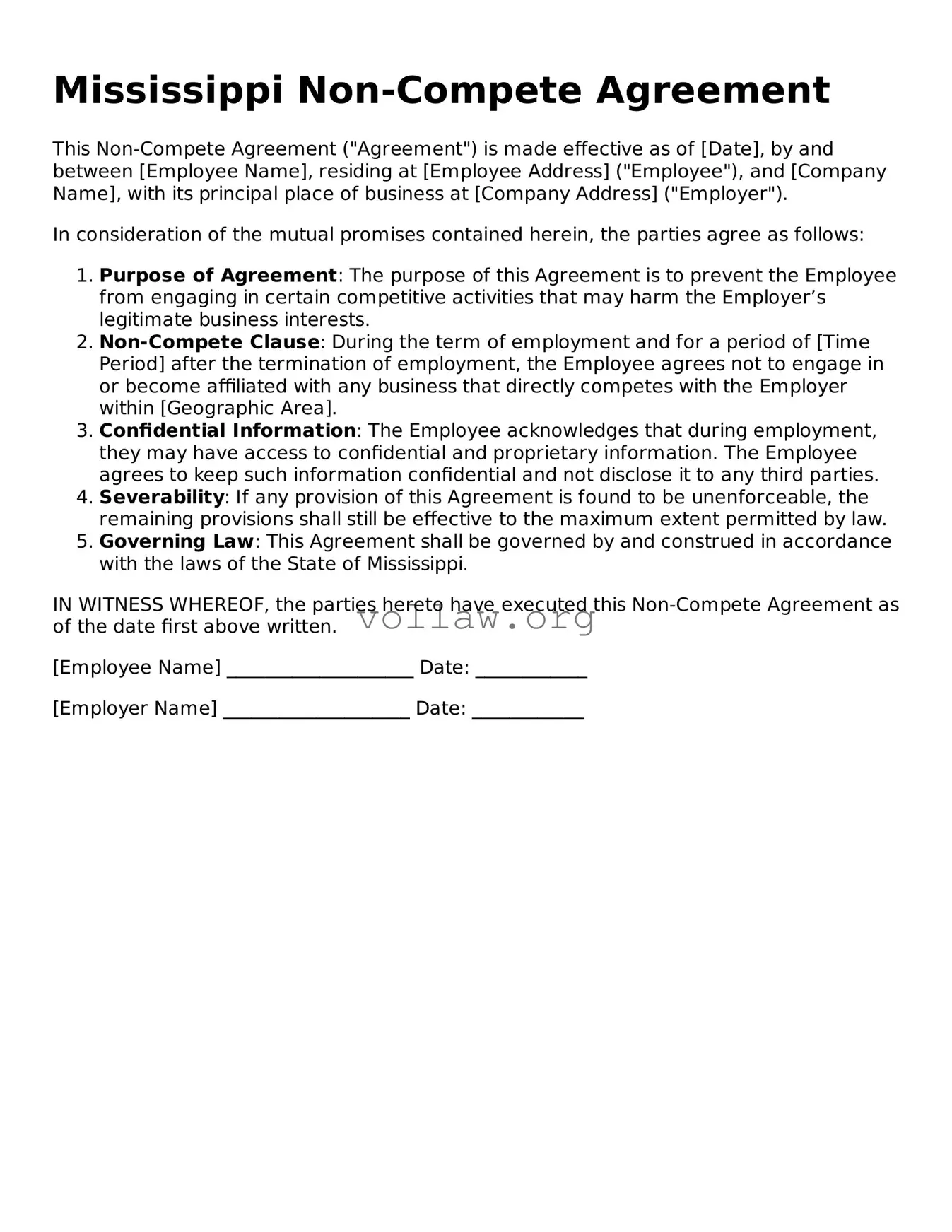 Attorney-Verified  Non-compete Agreement Form for Mississippi