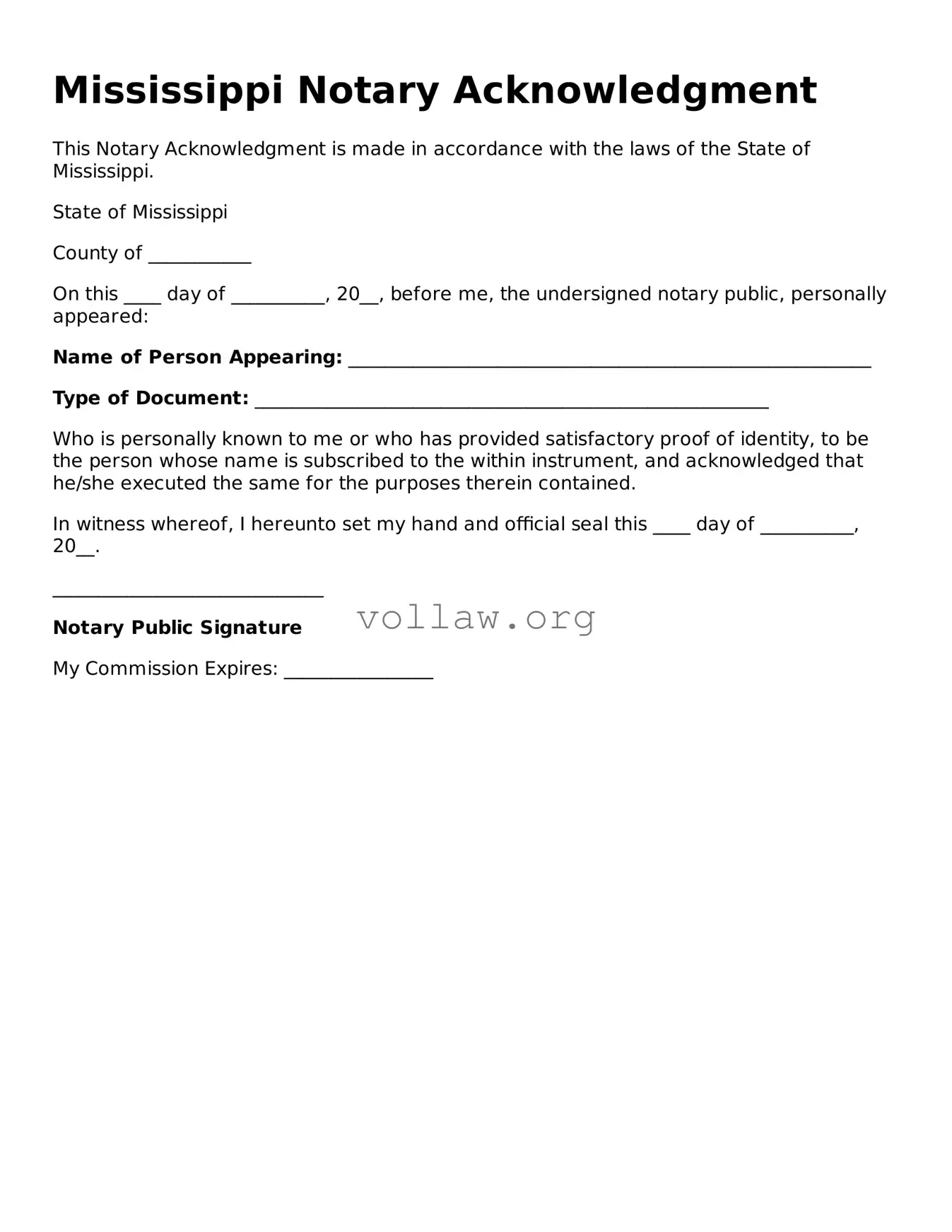 Attorney-Verified  Notary Acknowledgement Form for Mississippi