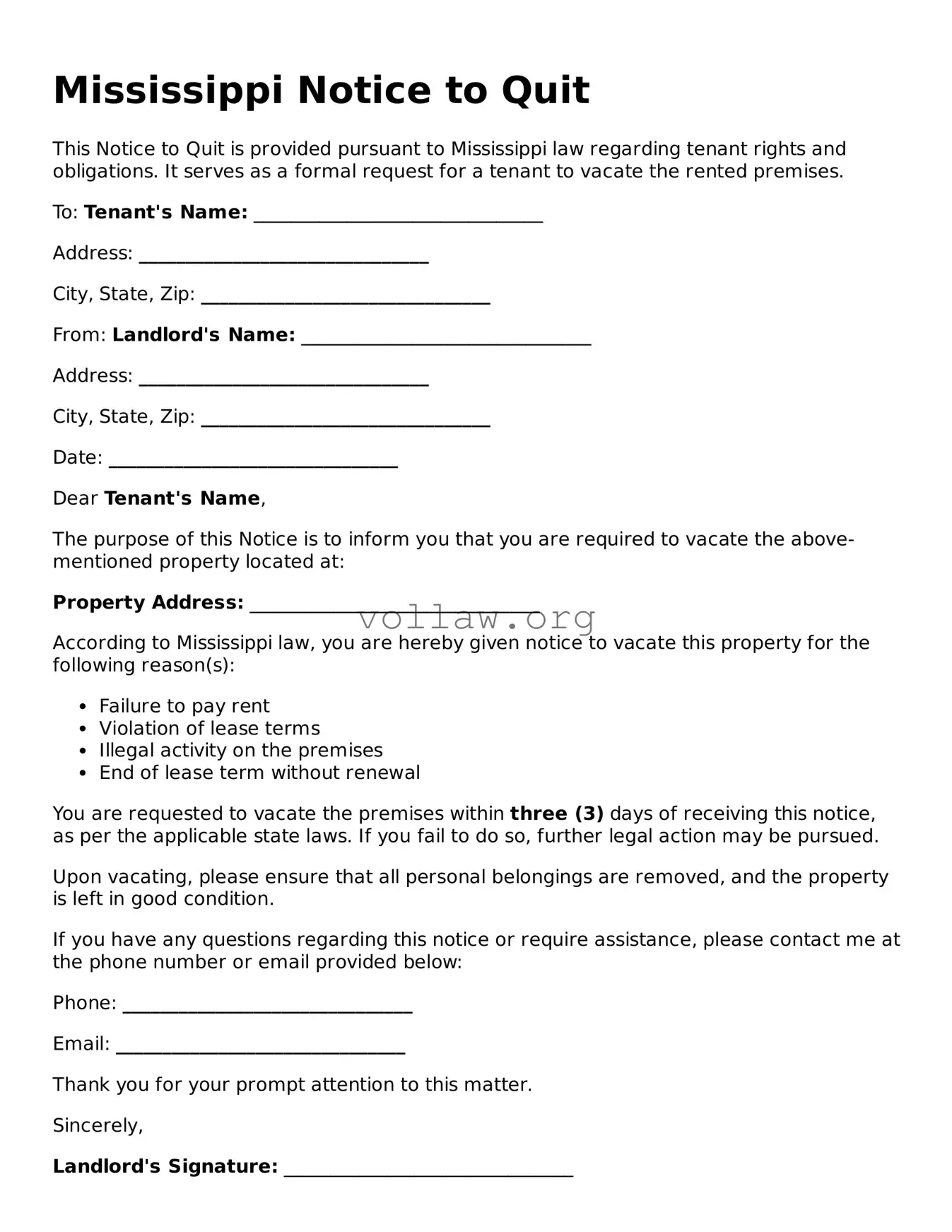 Attorney-Verified  Notice to Quit Form for Mississippi