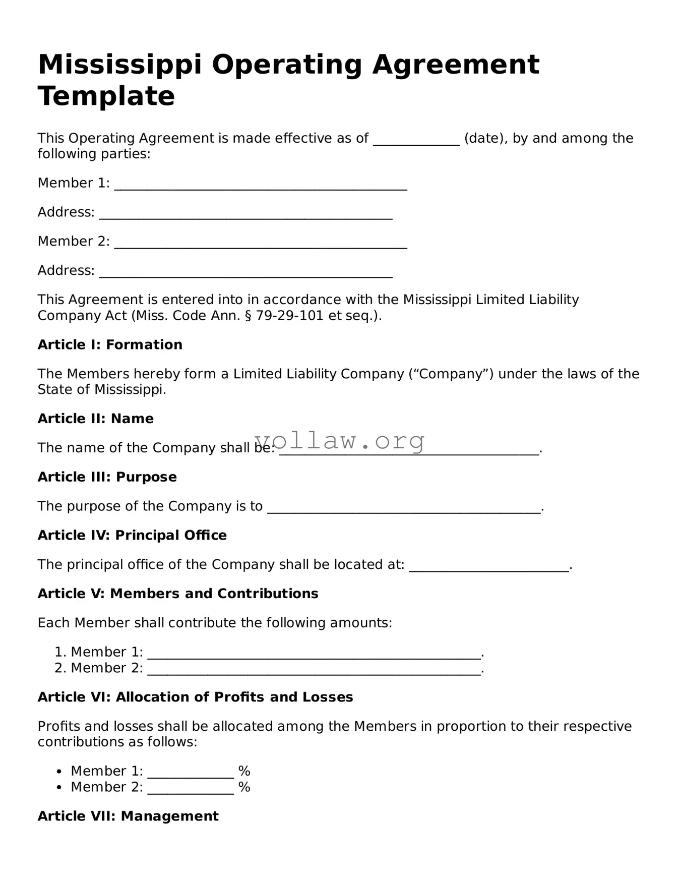 Attorney-Verified  Operating Agreement Form for Mississippi
