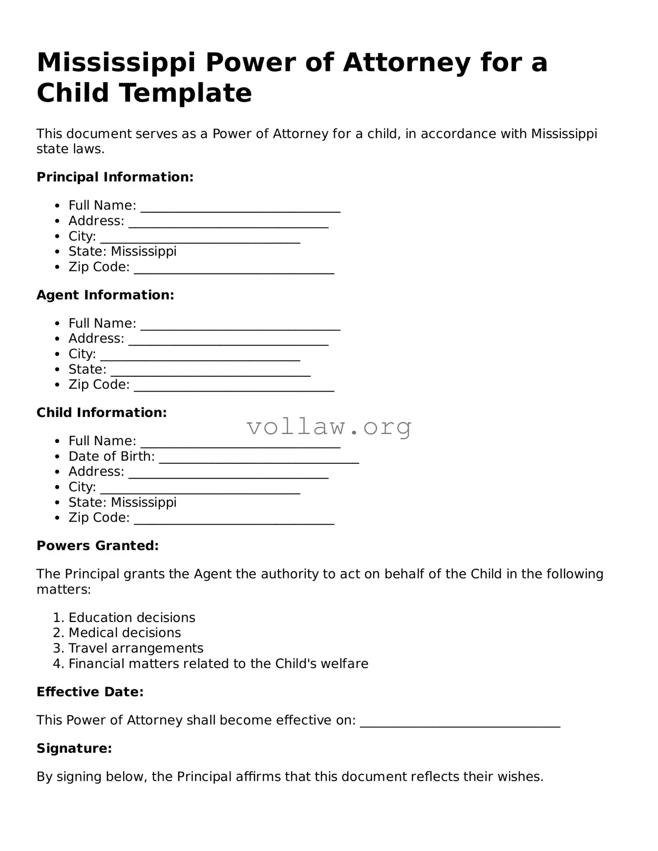 Attorney-Verified  Power of Attorney for a Child Form for Mississippi