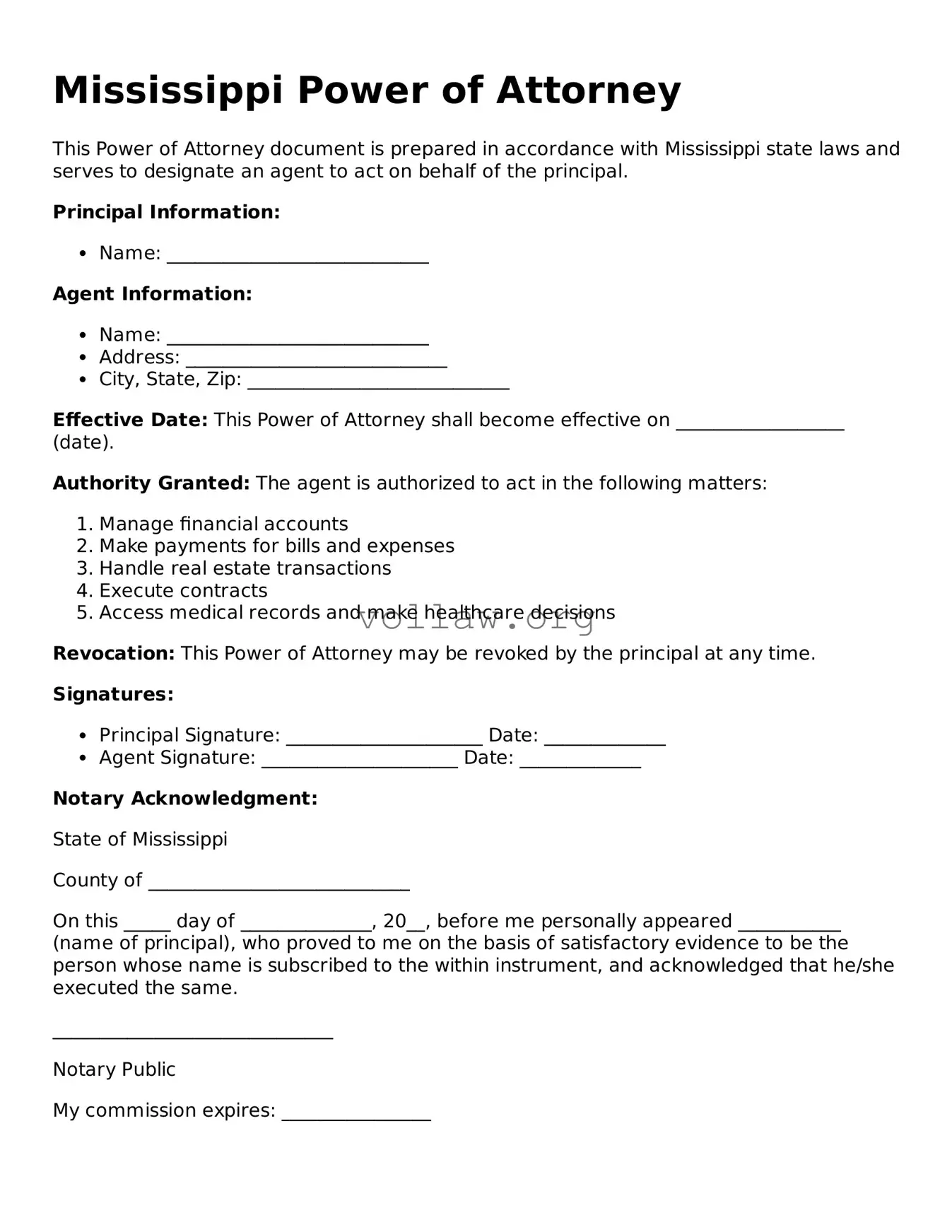 Attorney-Verified  Power of Attorney Form for Mississippi