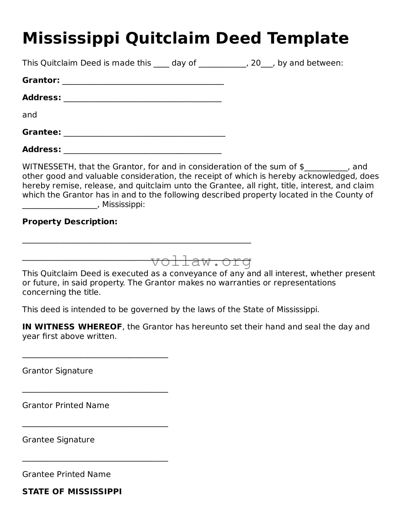Attorney-Verified  Quitclaim Deed Form for Mississippi