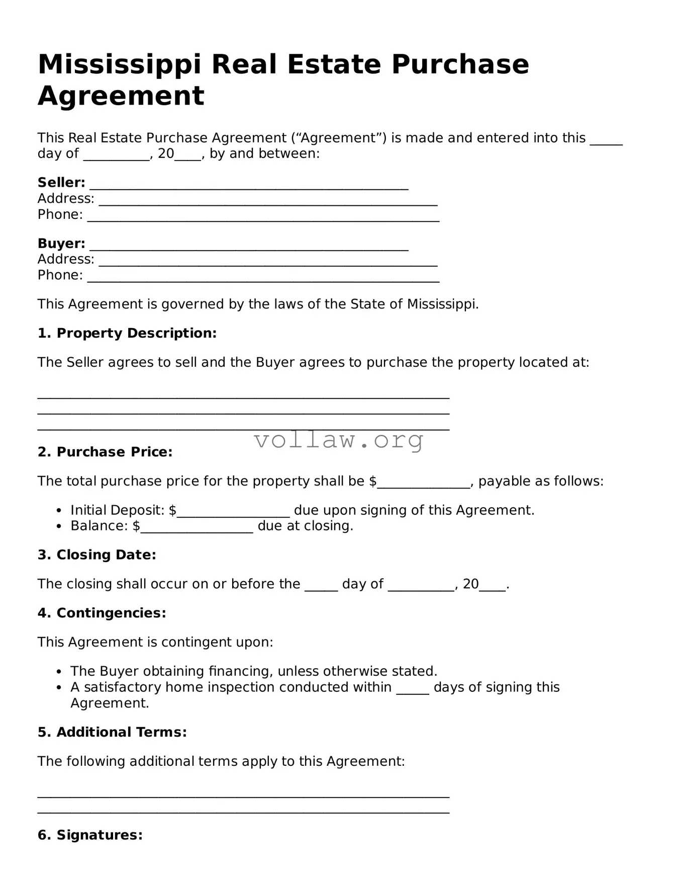 Attorney-Verified  Real Estate Purchase Agreement Form for Mississippi