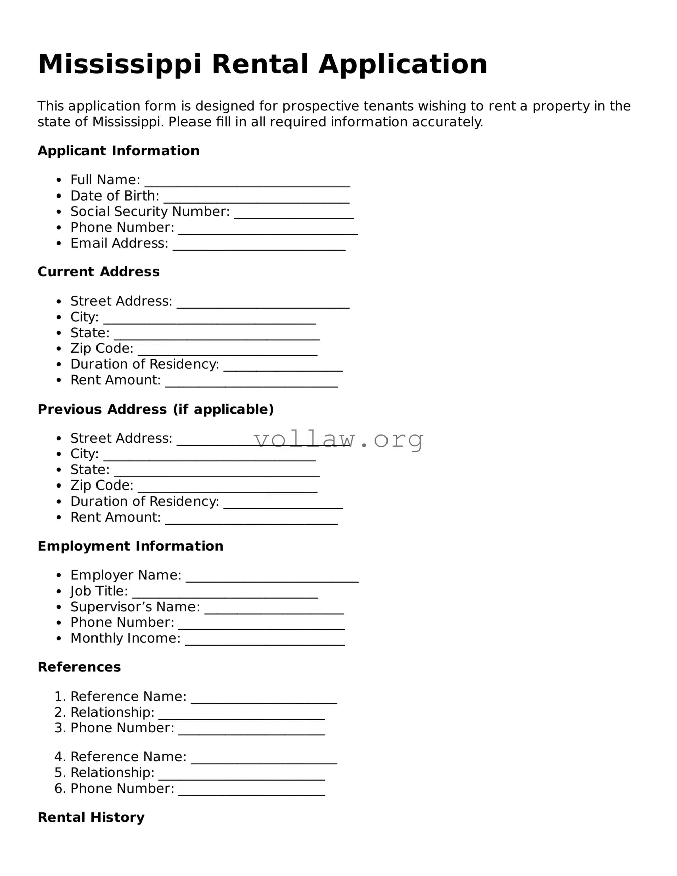 Attorney-Verified  Rental Application Form for Mississippi