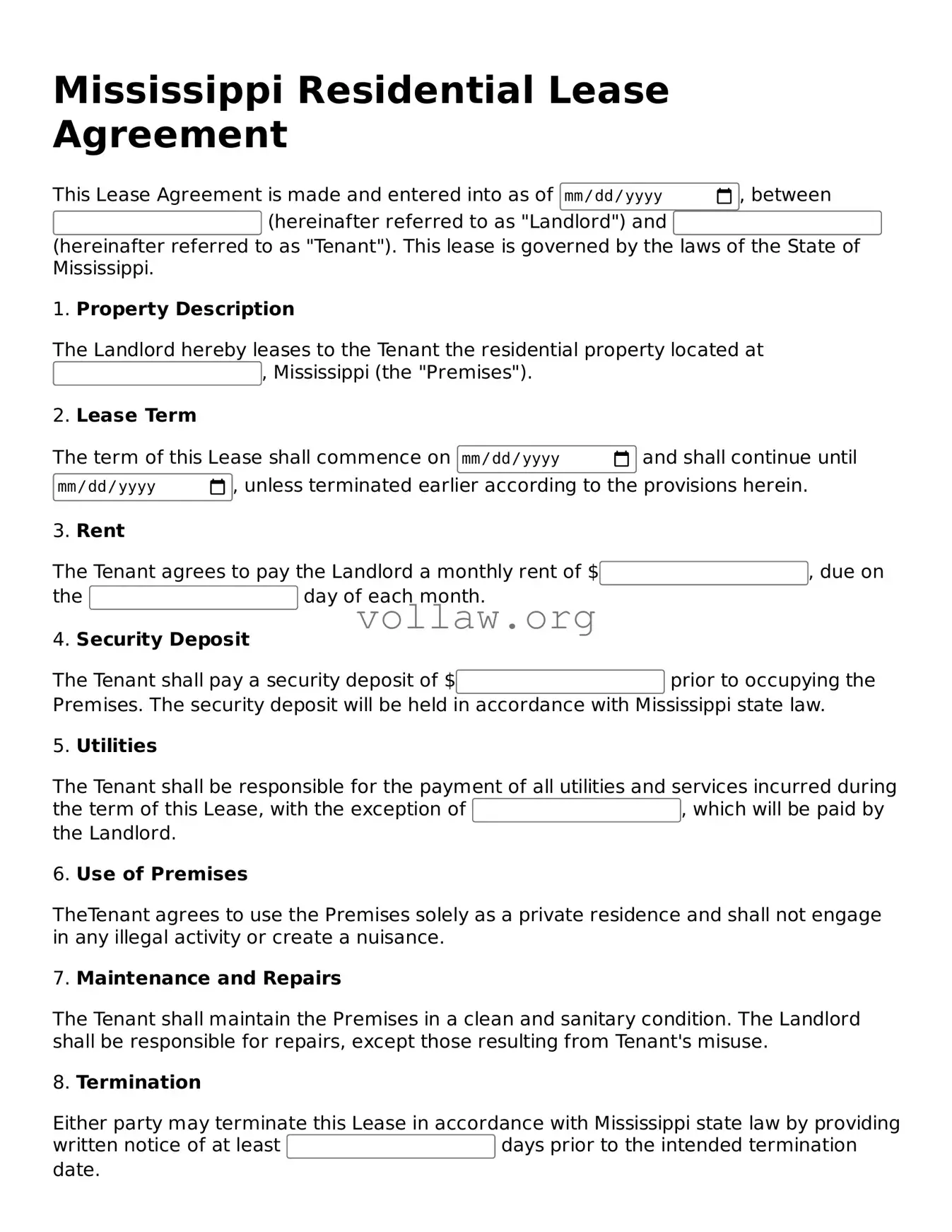Attorney-Verified  Residential Lease Agreement Form for Mississippi