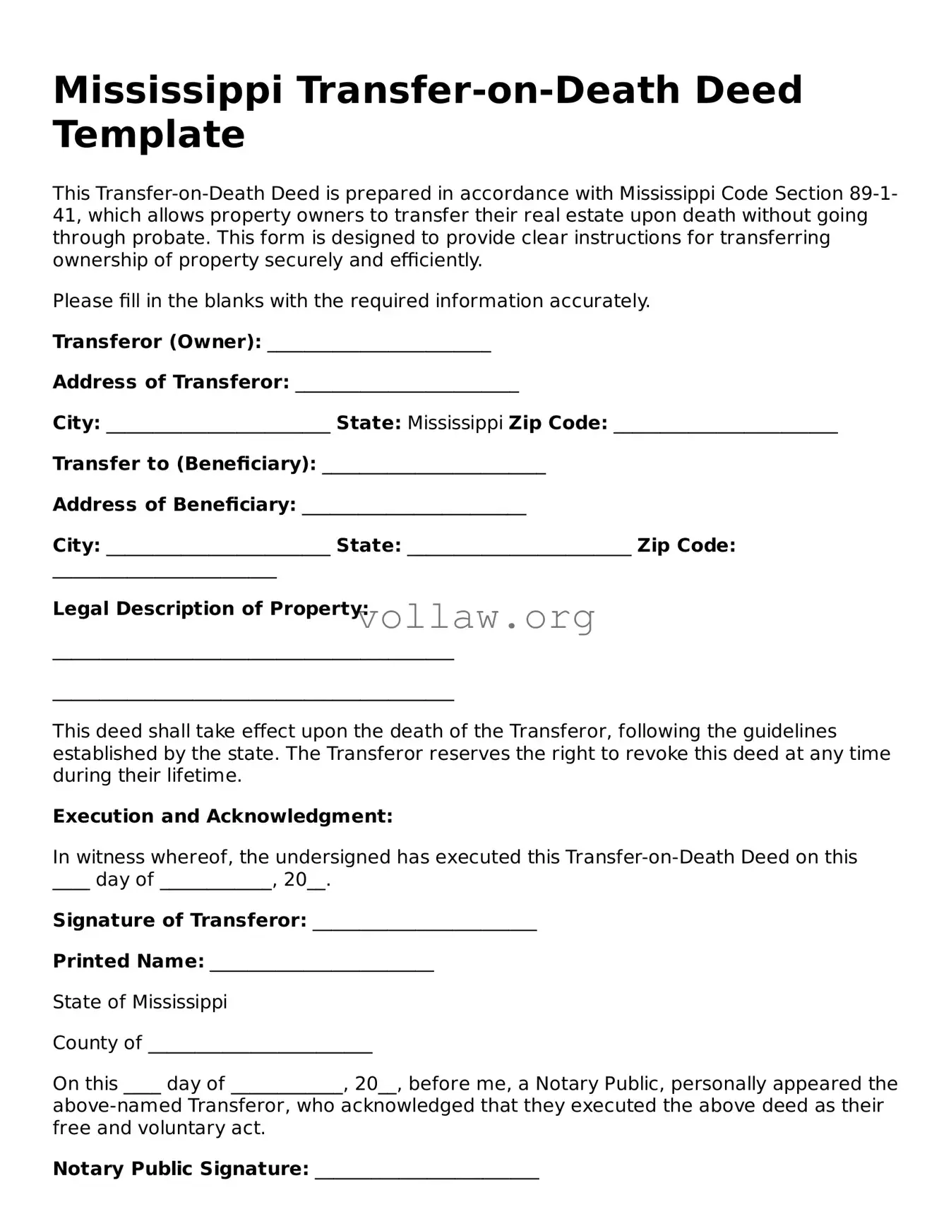Attorney-Verified  Transfer-on-Death Deed Form for Mississippi