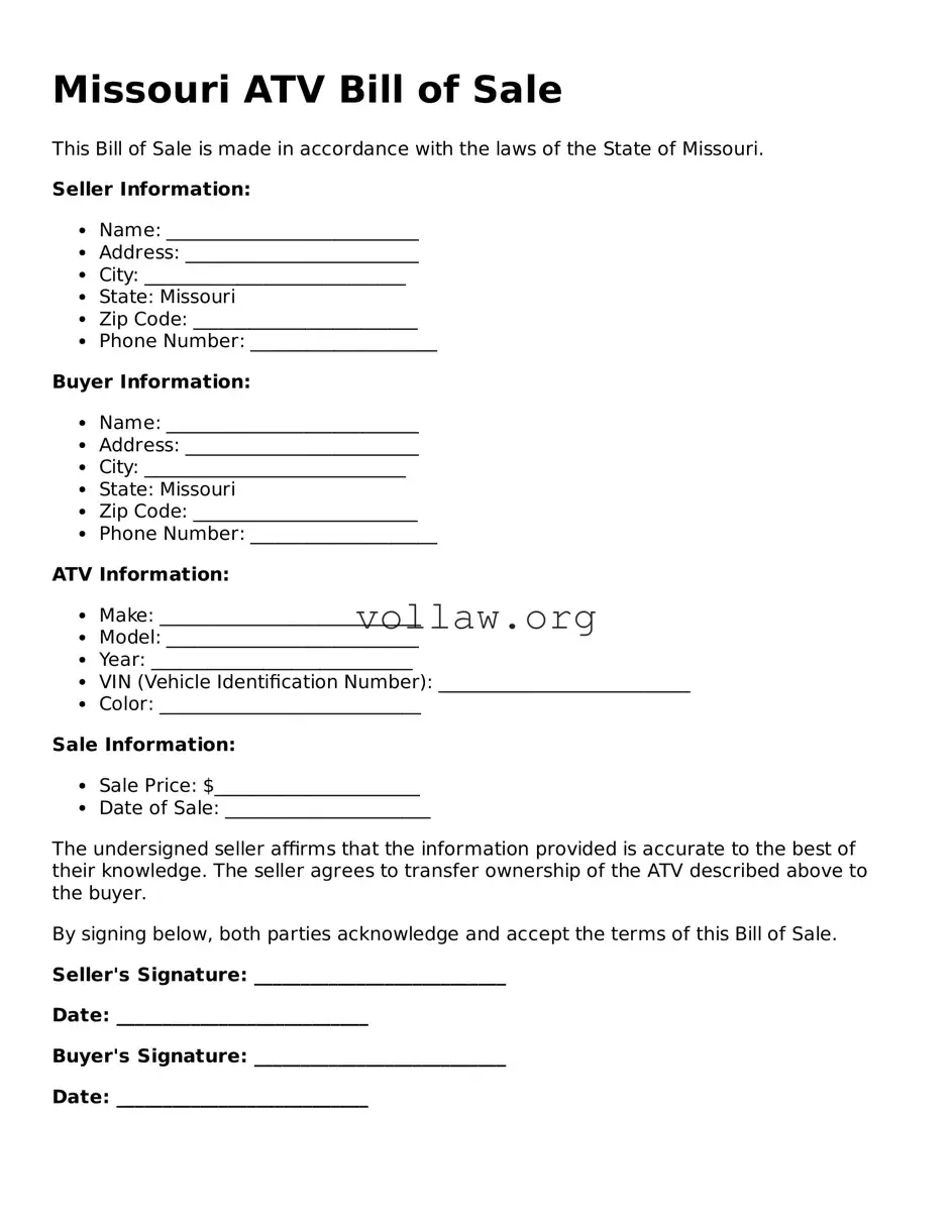 Attorney-Verified  ATV Bill of Sale Form for Missouri