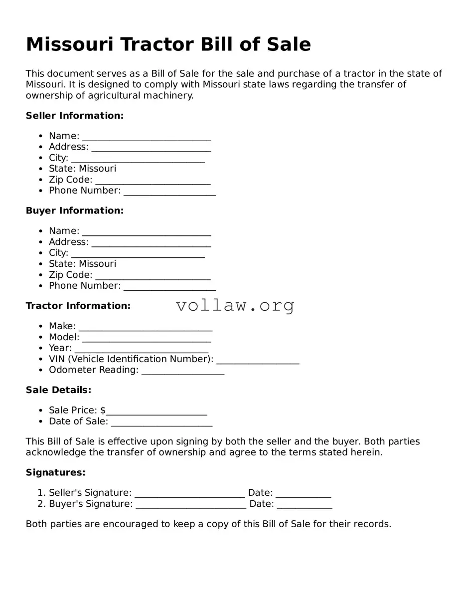 Attorney-Verified  Tractor Bill of Sale Form for Missouri