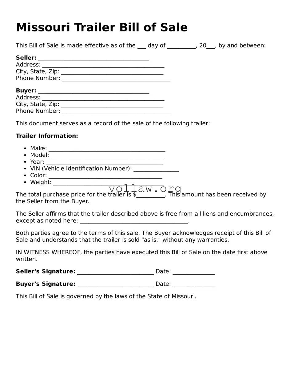 Attorney-Verified  Trailer Bill of Sale Form for Missouri