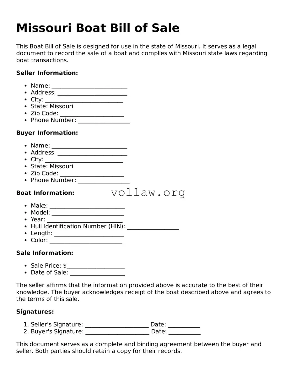 Attorney-Verified  Boat Bill of Sale Form for Missouri