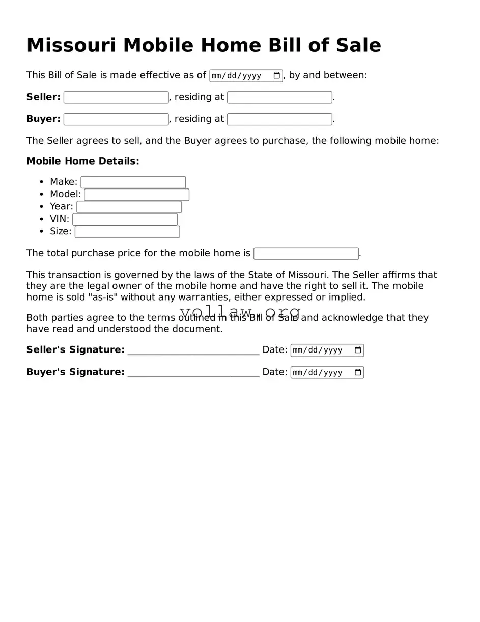 Attorney-Verified  Mobile Home Bill of Sale Form for Missouri