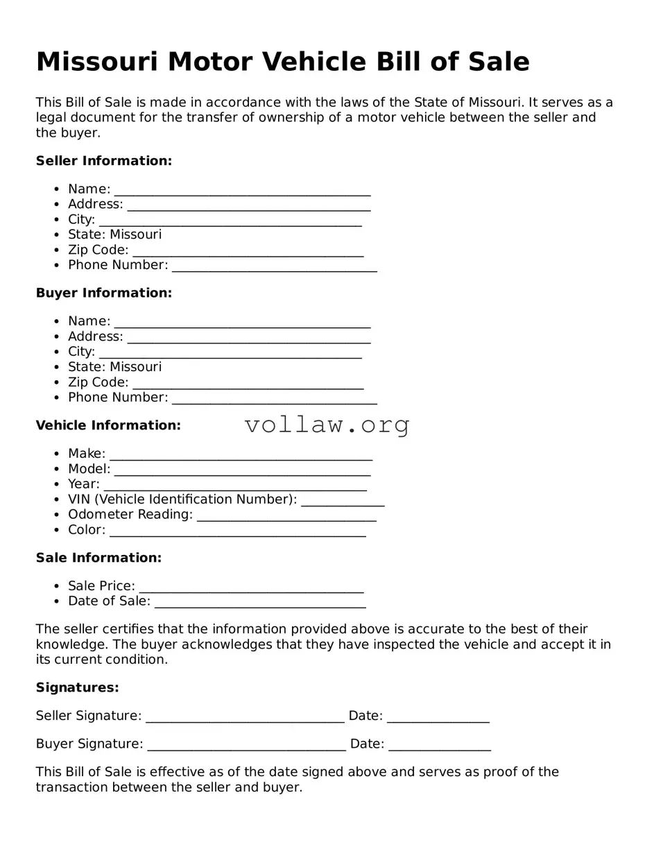Attorney-Verified  Motor Vehicle Bill of Sale Form for Missouri