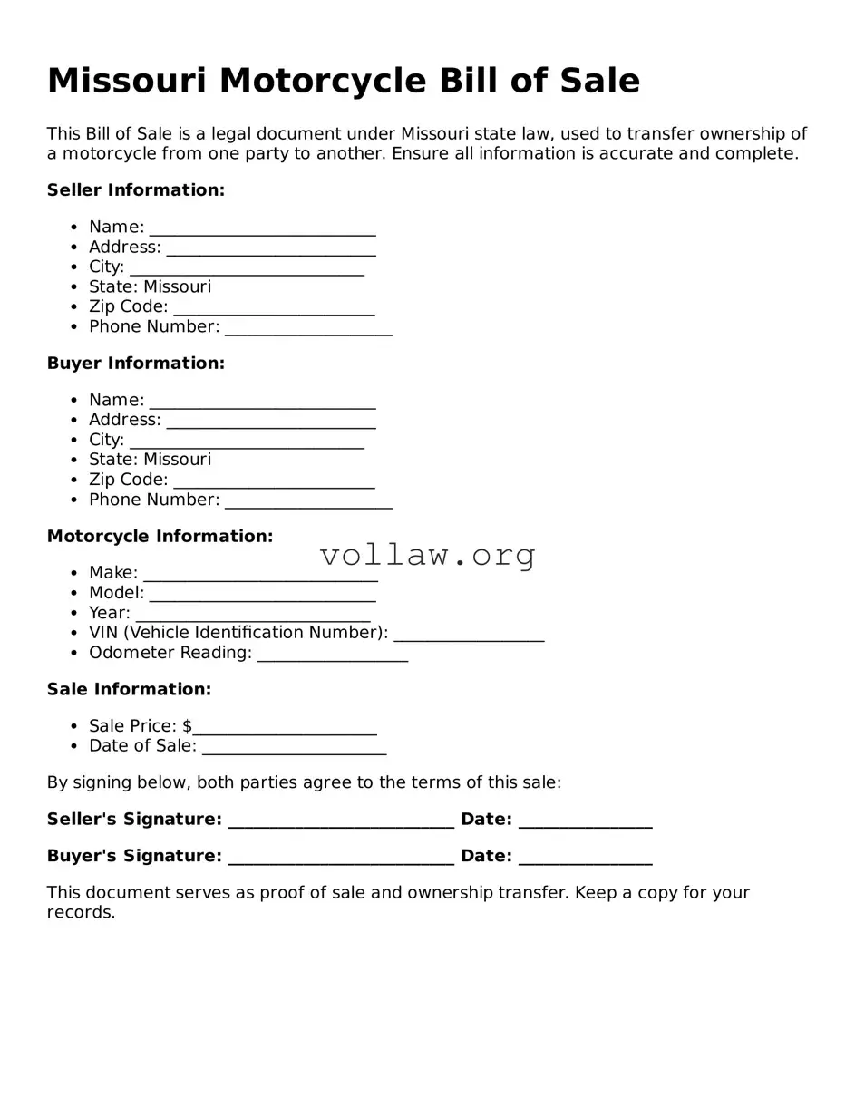 Attorney-Verified  Motorcycle Bill of Sale Form for Missouri