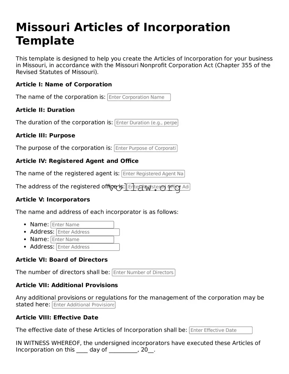 Attorney-Verified  Articles of Incorporation Form for Missouri