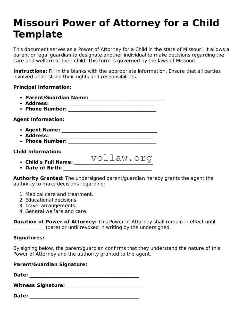 Attorney-Verified  Power of Attorney for a Child Form for Missouri