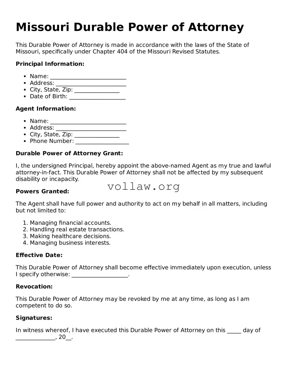 Attorney-Verified  Durable Power of Attorney Form for Missouri