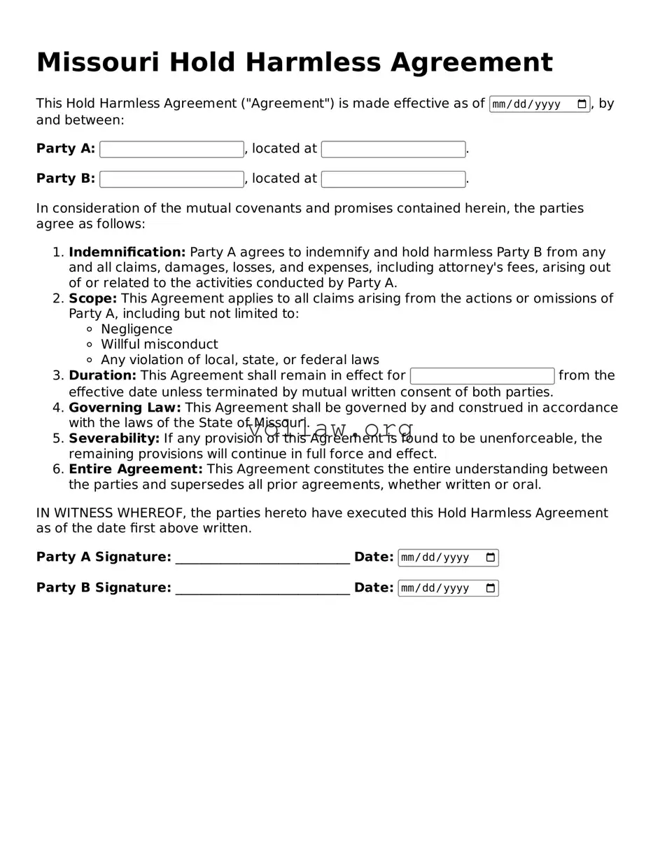 Attorney-Verified  Hold Harmless Agreement Form for Missouri