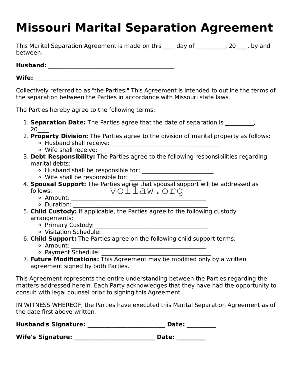 Attorney-Verified  Marital Separation Agreement Form for Missouri