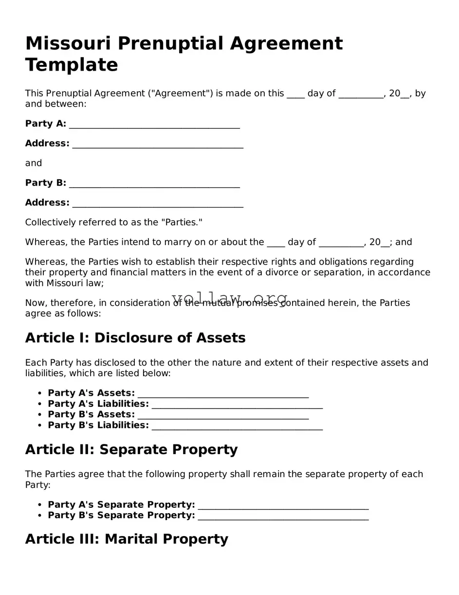 Attorney-Verified  Prenuptial Agreement Form for Missouri