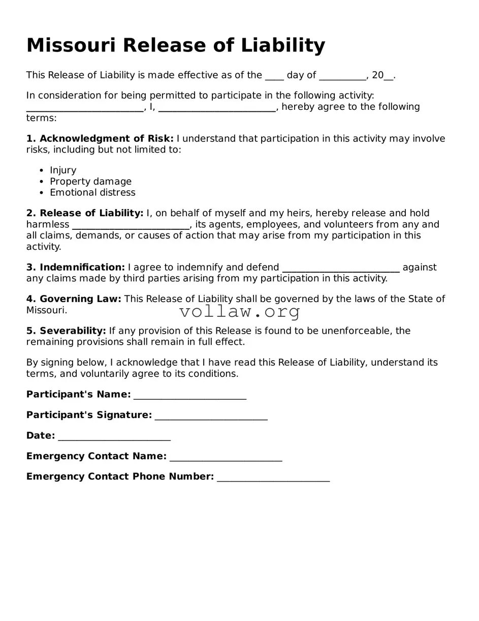 Attorney-Verified  Release of Liability Form for Missouri