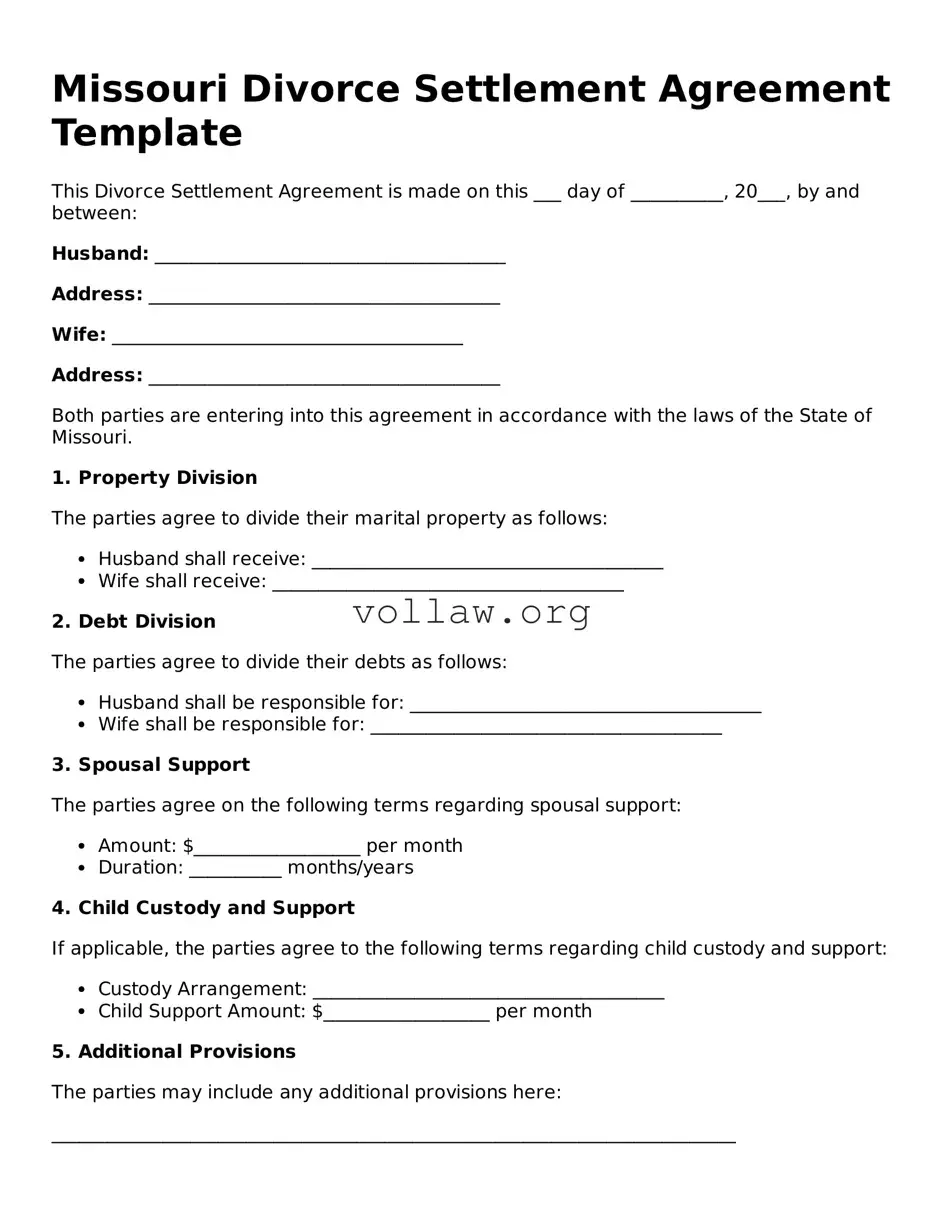 Attorney-Verified  Divorce Settlement Agreement Form for Missouri