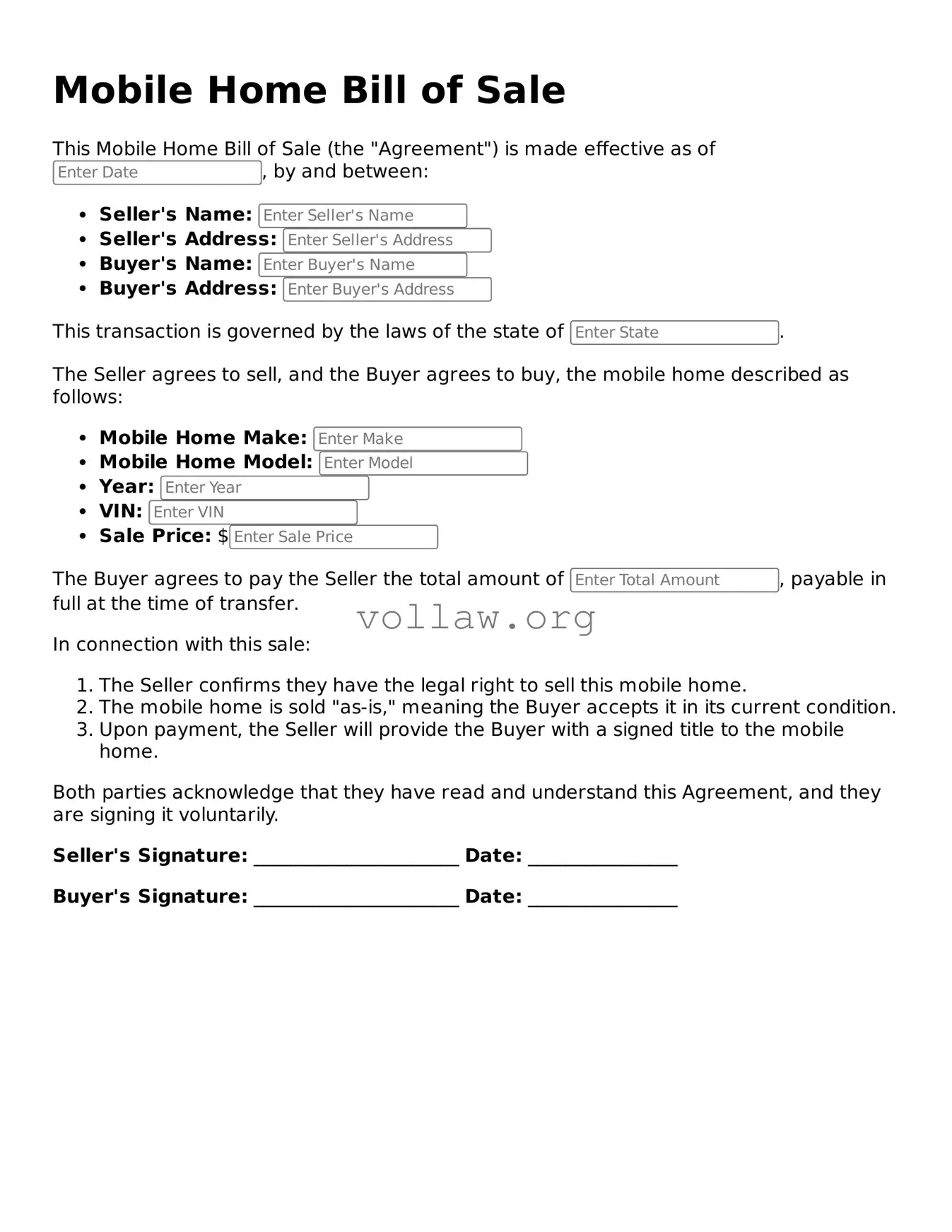 Free Mobile Home Bill of Sale Form
