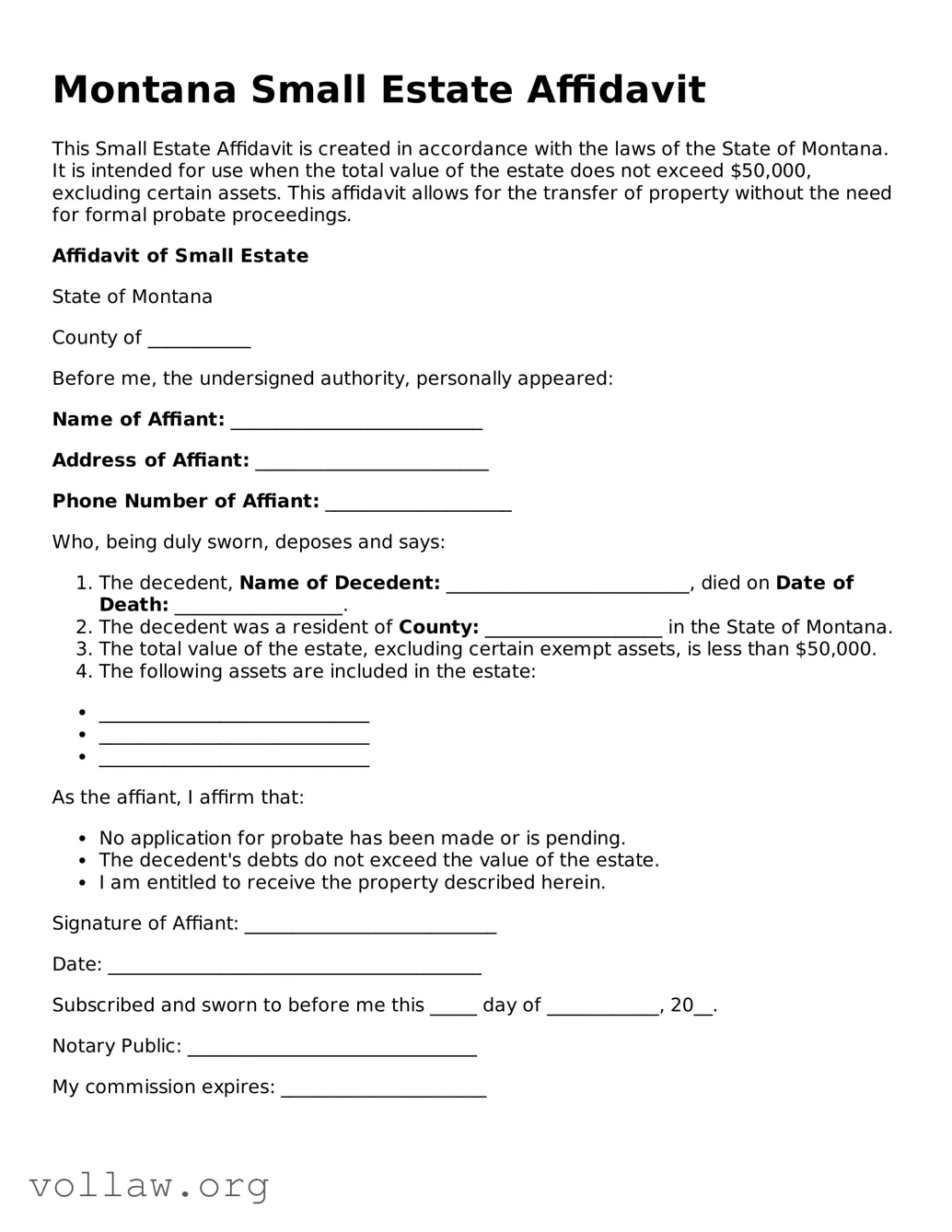 Attorney-Verified  Small Estate Affidavit Form for Montana