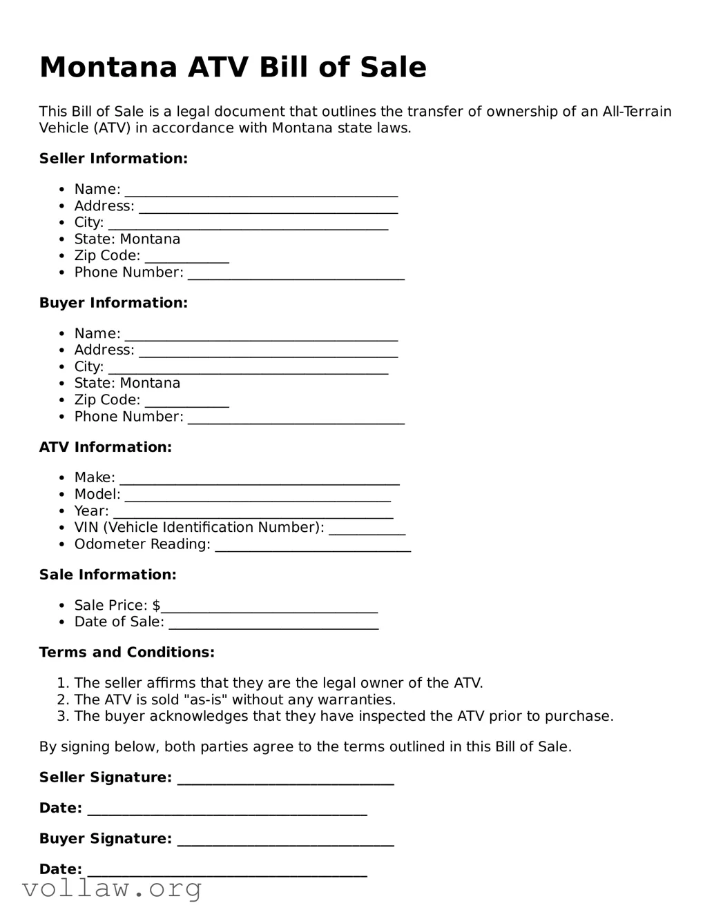 Attorney-Verified  ATV Bill of Sale Form for Montana