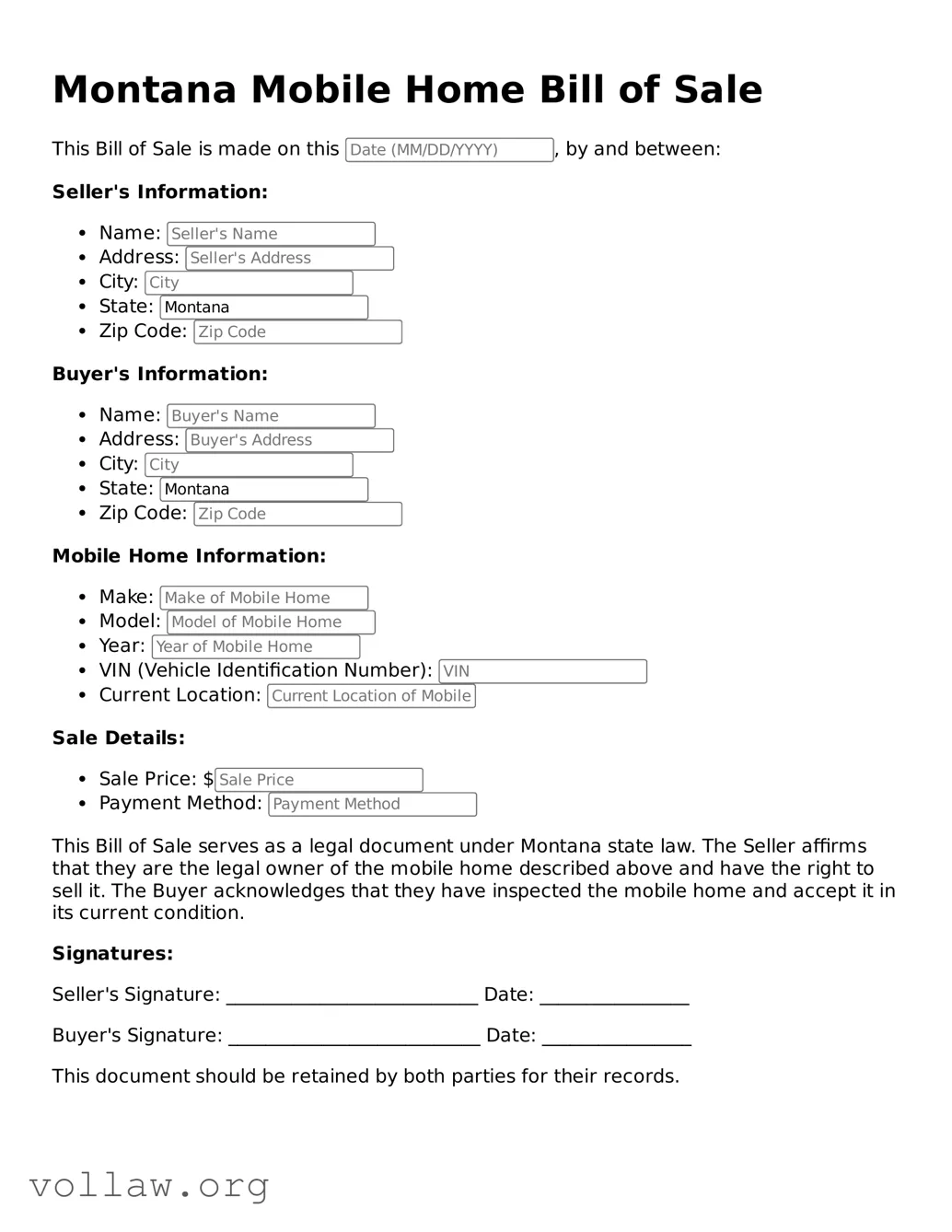 Attorney-Verified  Mobile Home Bill of Sale Form for Montana