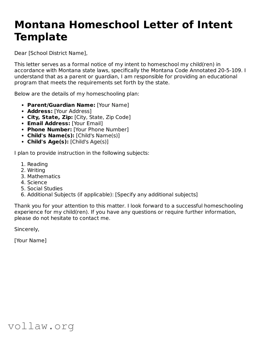 Attorney-Verified  Homeschool Letter of Intent Form for Montana